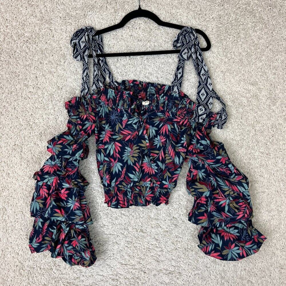 Tea & Cup Blouse Womens Medium Colorful Beach Aloha Vacation Resort Tropical
